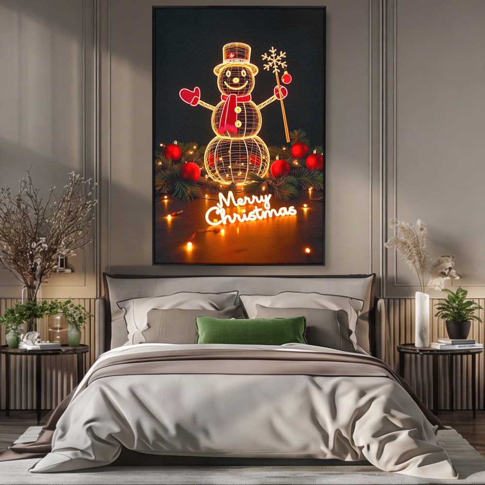 Tablou canvas cu ilustratie cu om de zapada luminos, in rama de aluminiu negru, pe perete intr-un dormitor
